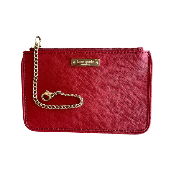 KATE SPADE NEW YORK Red 100% Leather Top Zip Gold Chain Mini ID Coin Purse NWOT - Picture 1 of 7
